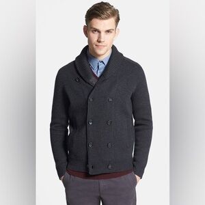 ✨🩶 Vince Men Double-Breasted Shawl Collar 100% Wool Cardigan Dark Gray Sz L